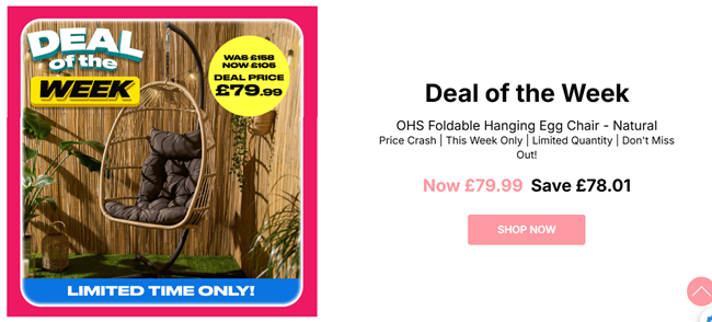 Screenshot showing OHS Foldable Hanging Egg Chair for £79.99 at Online Home Shop