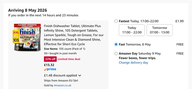 Screenshot showing Finish Powerball Ultimate Plus Infinity Shine, 105 Lemon Sparkle Detergent Tablets for £13.32 at Amazon