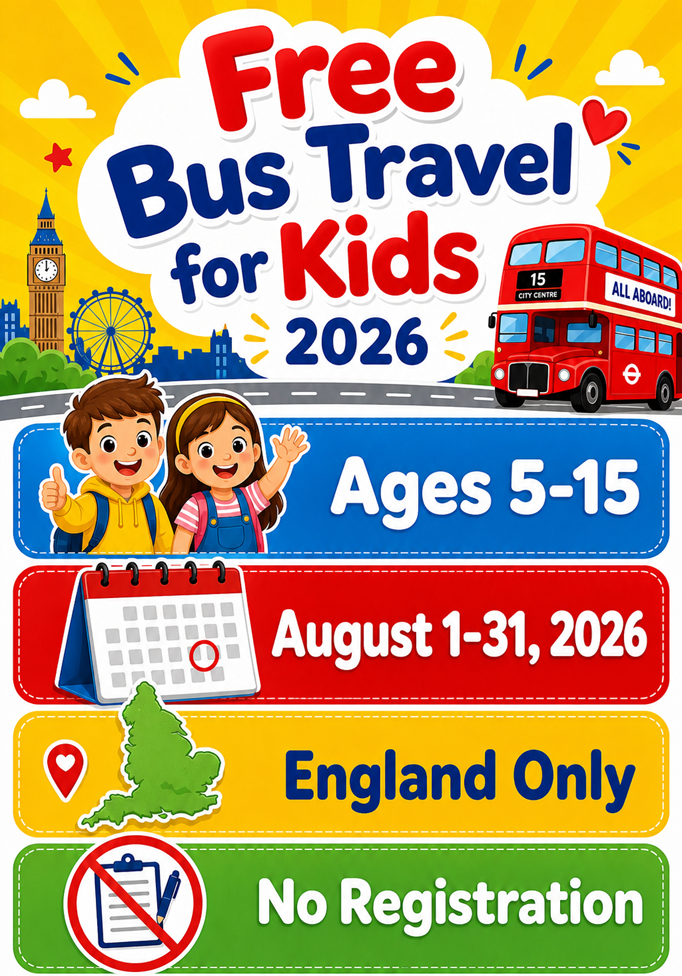 Infographic showing information on the Free Bus Travel For Kids August 2026 scheme