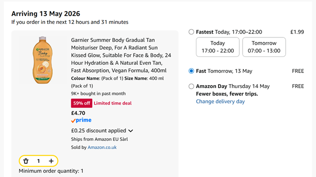 Screenshot showing Garnier Summer Body Gradual Tan Moisturiser Deep 400ml for £4.70 at Amazon