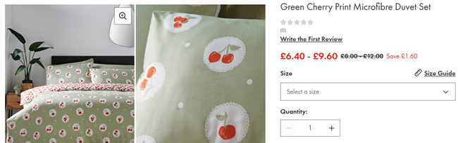 Screenshot showing Green Cherry Print Duvet Set from £6.40 at Matalan