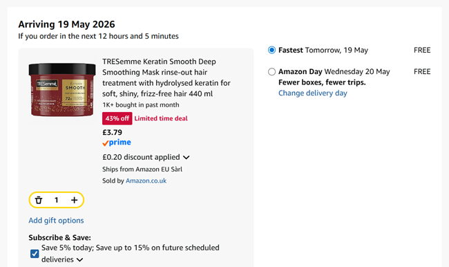 Screenshot showing TRESemme Keratin Smooth Deep Smoothing Hair Mask 440ml for £3.79 at Amazon