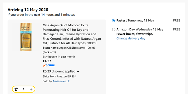 Screenshot showing OGX Argan Oil of Morocco Extra Penetrating Hair Oil 100ml for £4.27 at Amazon