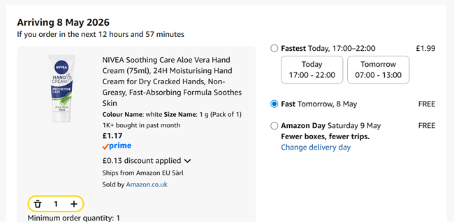 Screenshot showing NIVEA Soothing Care Aloe Vera Hand Cream 75ml for £1.17 at Amazon