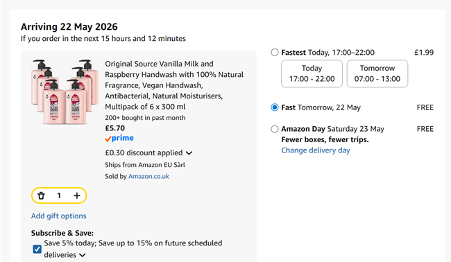 Screeshot showing Original Source Handwash 6 x 300 ml for £5.70 at Amazon