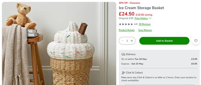 Screenshot showing Ice Cream Storage Basket for £24.50 at Dunelm
