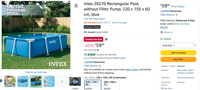 Screenshot showing Intex Rectangular Pool 220 x 150 x 60cm for £59.89 at Amazon