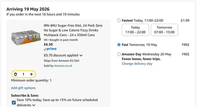 Screenshot showing IRN-BRU Sugar Free 24 x 330ml Cans for £6.30 at Amazon
