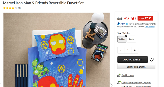 Screenshot showing 50% Off Marvel Iron Man & Friends Reversible Duvet Set at George at Asda