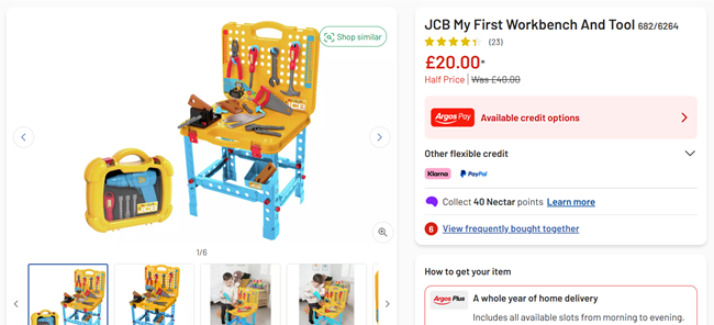 Screenshot showing JCB My First Workbench And Tool Case for £20 at Argos