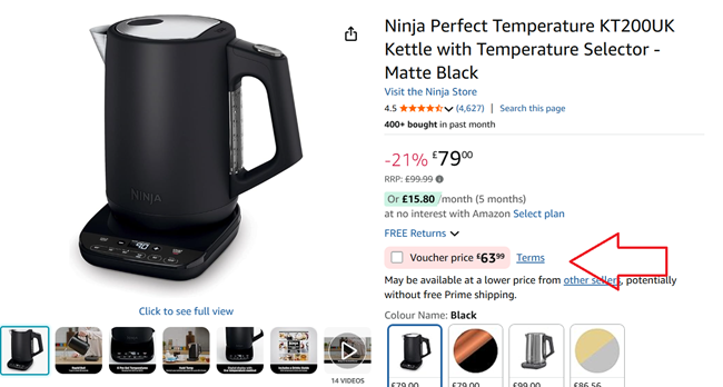 Screenshot showing Ninja Perfect Temperature KT200UK Kettle Matte Black at Amazon