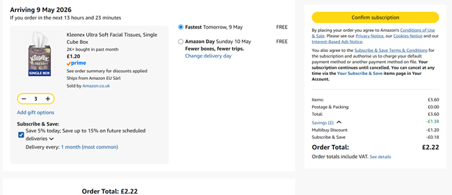 Screenshot showing Kleenex Ultra Soft Facial Tissues Cube Box 3 for £2.22 at Amazon