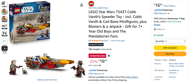 Screenshot showing LEGO Star Wars 75437 Cobb Vanth's Speeder for £16.66 at Amazon