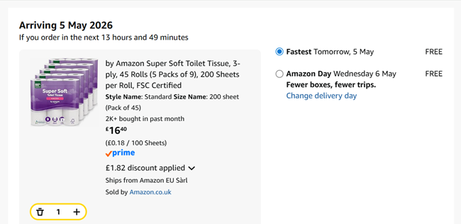 Screenshot showing by Amazon Super Soft Toilet Tissue, 3-ply, 45 Rolls (5 Packs of 9) for £16.40 at Amazon