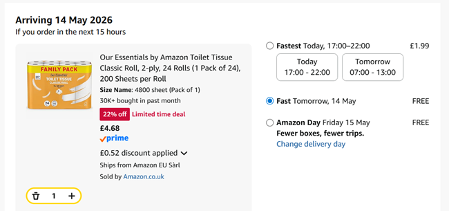 Screenshot showing Our Essentials by Amazon Toilet Tissue Classic Roll, 2-ply, 24 Rolls for £4.68 at Amazon