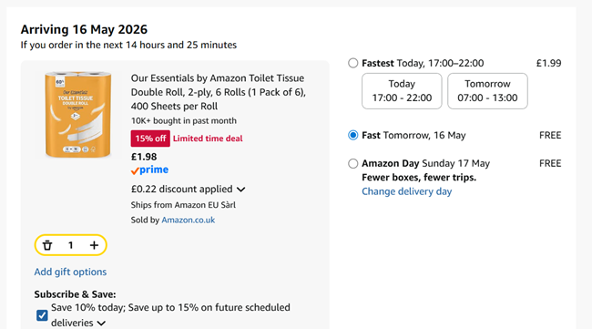 Screenshot showing Our Essentials by Amazon Toilet Tissue Double Roll, 2-ply, 6 Rolls for £1.98 at Amazon