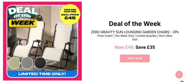 Screenshot showing Zero Gravity Sun Lounger Chairs 2 Pack £45 offer at Online Home Shop