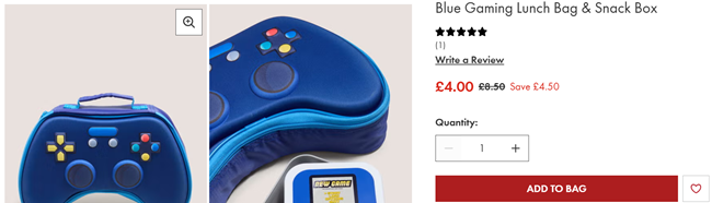 Screenshot showing Blue Gaming Lunch Bag & Snack Box for £4 at Matalan