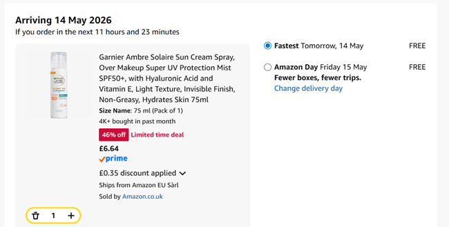 Screenshot showing Garnier Ambre Solaire Over Makeup Super UV Protection Mist SPF50+ for £6.64 at Amazon