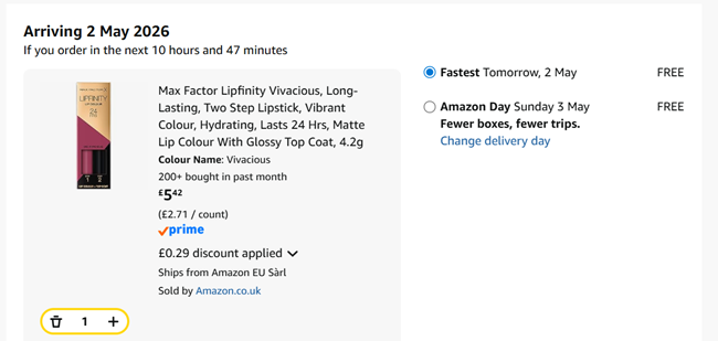 Screenshot showing Max Factor Lipfinity Lip Colour + Top Coat for £5.42 at Amazon