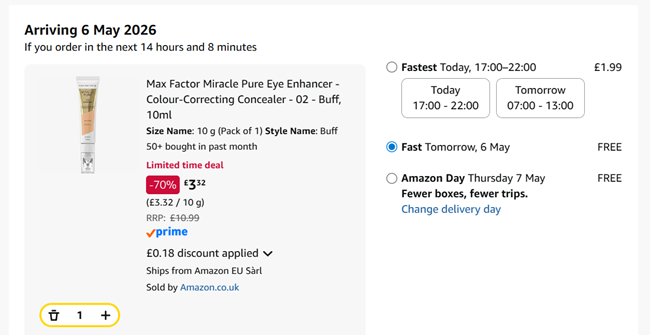 Screenshot showing Max Factor Miracle Pure Eye Enhancer - Colour-Correcting Concealer for £3.32 at Amazon