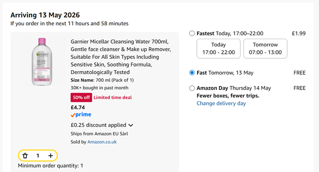 Screenshot showing Garnier Micellar Cleansing Water 700ml for £4.74 at Amazon
