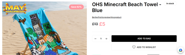 Screenshot showing Minecraft Beach Towel for £5 at Online Home Shop