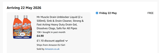 Screenshot showing Mr Muscle Drain Unblocker Liquid (2 x 500ml) for £4.90 at Amazon
