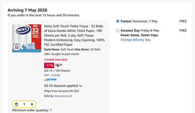 Screenshot showing Nicky Soft Touch Toilet Tissue 32 Rolls for £6.29 at Amazon