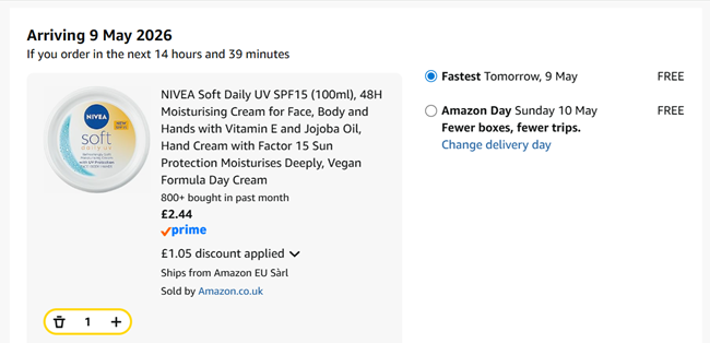 Screenshot showing NIVEA Soft Daily UV SPF15 (100ml) for £2.44 at Amazon