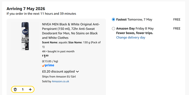 Screenshot showing NIVEA MEN Black & White Original Anti-Perspirant (150 ml) for £1.80 at Amazon