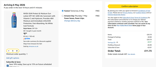 Screenshot showing NIVEA SUN Protect & Moisture Sun Lotion SPF 50+ (200 ml) 3 for £11.73 at Amazon