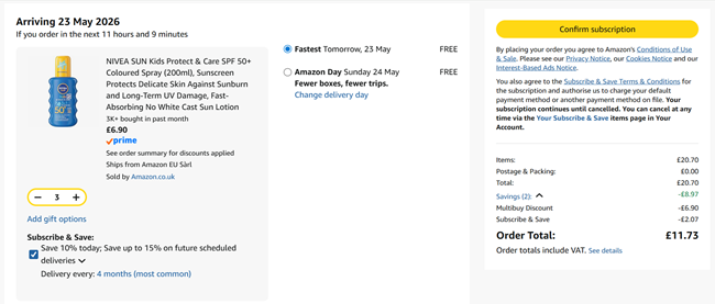 Screenshot showing Nivea Sun Kids Protect & Care SPF 50+ Coloured Spray 200ml 3 for £11.73 at Amazon