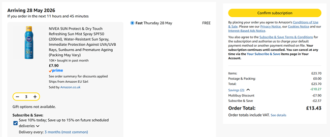 Screenshot showing NIVEA SUN Protect & Dry Touch Refreshing Sun Mist Spray SPF50 3 for £13.43 at Amazon