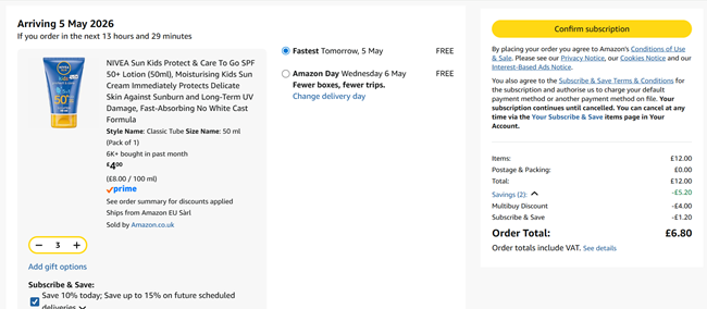 Screenshot showing NIVEA Sun Kids Protect & Care To Go SPF 50+ Lotion (50ml) 3 for £6.80 at Amazon