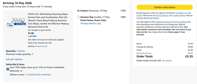 Screenshot showing NIVEA 3in1 Refreshing Cleansing Wipes Normal Skin and Combination Skin Pack of 6 for £5.36 at Amazon