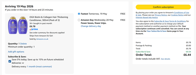 Screenshot showing OGX Biotin & Collagen Hair Thickening Conditioner, 385ml (Pack of 2) for £6.44 at Amazon