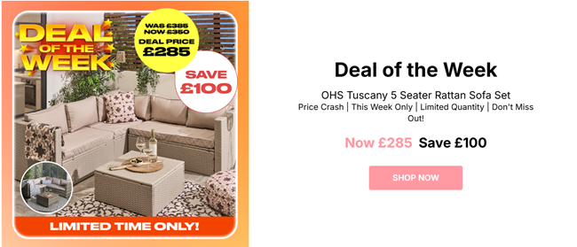 Screenshot showing Tuscany 5 Seater Rattan Sofa Set offer at Online Home Shop