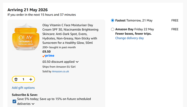 Screenshot showing Olay Vitamin C Face Moisturiser Day Cream SPF 30 for £9.50 at Amazon