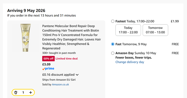 Screenshot showing Pantene Molecular Bond Repair Deep Conditioning Hair Treatment with Biotin 150ml for £3.09 at Amazon