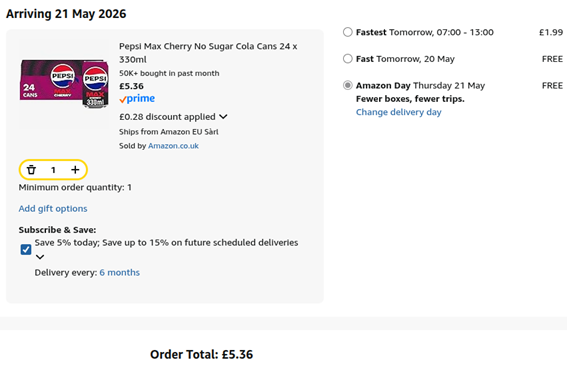 Screenshot showing Pepsi Max Cherry No Sugar Cola Cans 24 x 330ml for £5.36 at Amazon
