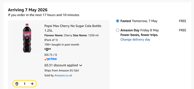 Screenshot showing Pepsi Max Cherry No Sugar Cola Bottle 1.25L for 94p at Amazon