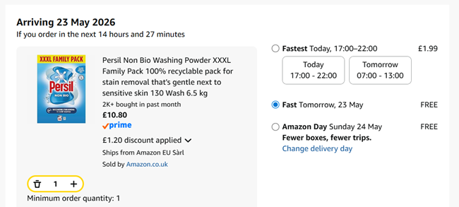 Screenshot showing Persil Non Bio Washing Powder XXXL Family Pack 130 Wash for £10.80 at Amazon