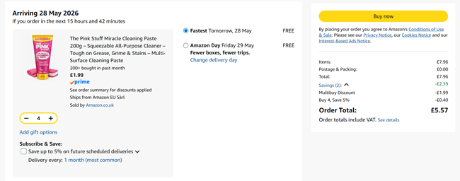 Screenshot showing The Pink Stuff Miracle Cleaning Paste 200g 4 for £5.57 at Amazon