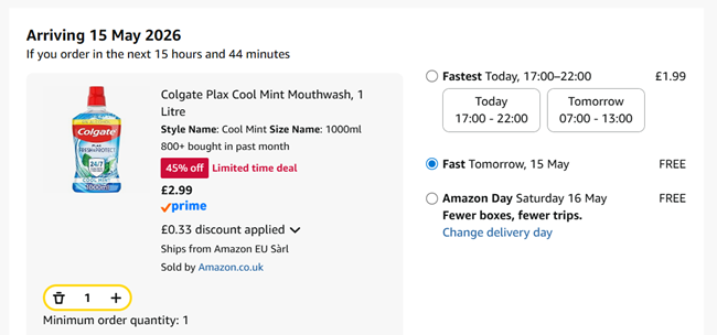 Screenshot showing Colgate Plax Cool Mint Mouthwash, 1 Litre for £2.99 at Amazon