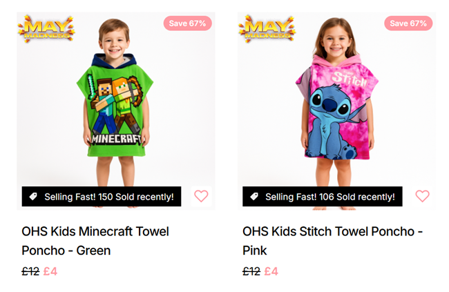 Screenshot showing Kids Disney Stitch or Minecraft Towel Poncho for £4 at Online Home Shop