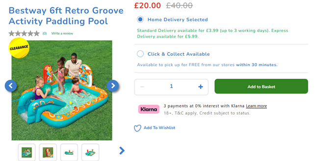 Screenshot showing Bestway 6ft Retro Groove Activity Paddling Pool for £20 at The Entertainer