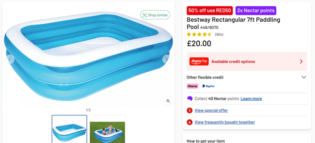 Screenshot showing Bestway Rectangular 7ft Paddling Pool offer at Argos