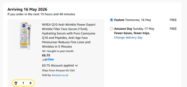 Screenshot showing NIVEA Q10 Anti-Wrinkle Power Expert Wrinkle Filler Face Serum for £6.75 at Amazon