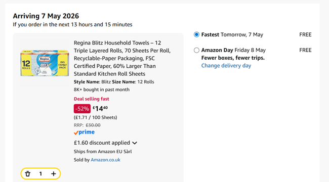 Screenshot showing Regina Blitz Household Towels 12 Pack for £14.40 at Amazon